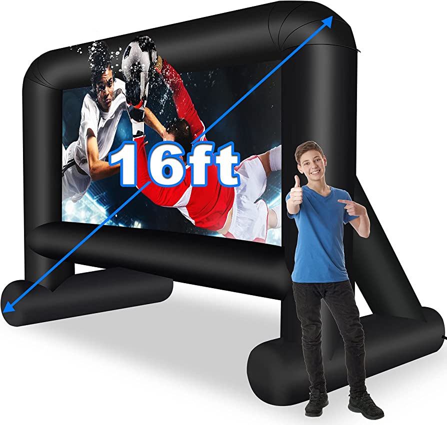 Photo 1 of 16 Feet Inflatable Movie Screen Outdoor, Projection Screen with Air Blower, Tie-Downs and Storage Bag - Easy Set up, Blow Up Screen for Backyard Movie Night, Theme Party