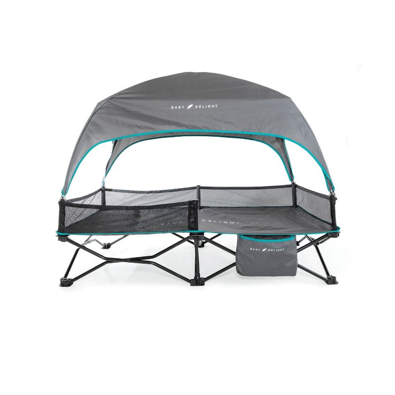 Photo 1 of Baby Delight Go with Me Bungalow Deluxe Portable Cot, Toddler Travel Bed, Indoor and Outdoor, Sun Canopy, Grey & Teal
