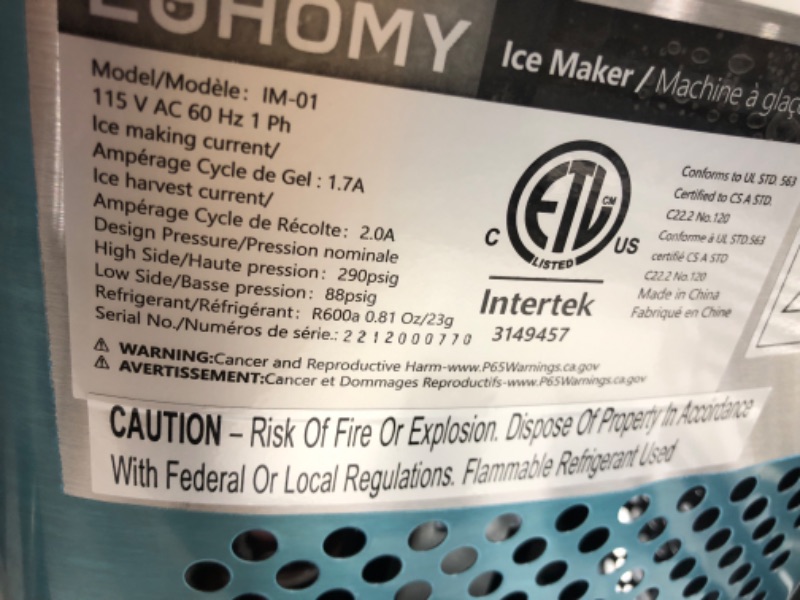 Photo 1 of **DAMAGED/INNACURATE STOCK PHOTO COLOR**  Euhomy Ice Maker Machine Countertop, 26 lbs in 24 Hours, 9 Cubes Ready in 6 Mins, Self-Clean Electric Ice Maker Compact Potable Ice Maker with Ice Scoop and Basket. for Home/Kitchen/Office.(Silver) 12.59 x 9.64 x 