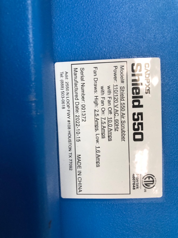 Photo 6 of CADPXS Shield-550 Negative Machine Airbourne Cleaner HEPA Scrubber Water Damage Restoration Equipment Air Purifier, Air Scrubbers 550 air scrubbers Blue