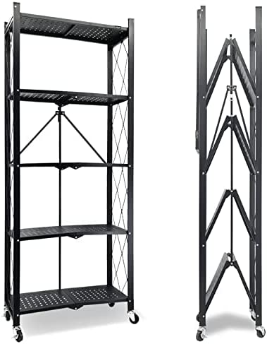 Photo 1 of (damage) ALANNG 5 Tier Storage Shelves Heavy Duty on Wheels, Foldable Metal Shelving Units 11.1" D x 24.2" W x 59" H for Garage Kitchen Bakers, No Assembly Organizer Rack Black
