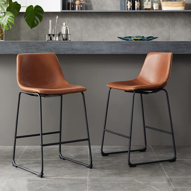 Photo 1 of OLIXIS Counter Height Bar Stools, Bar Chairs, 26 inch Armless Dining Chairs with Metal Legs and Footrest, Modern Faux Leather Barstools for Kitchen Island, (Whiskey Brown, Set of 2)