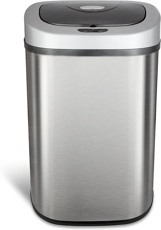 Photo 1 of NINESTARS Automatic Touchless Infrared Motion Sensor Trash Can with Stainless Steel Base & Oval, Silver/Black Lid, 21 Gal