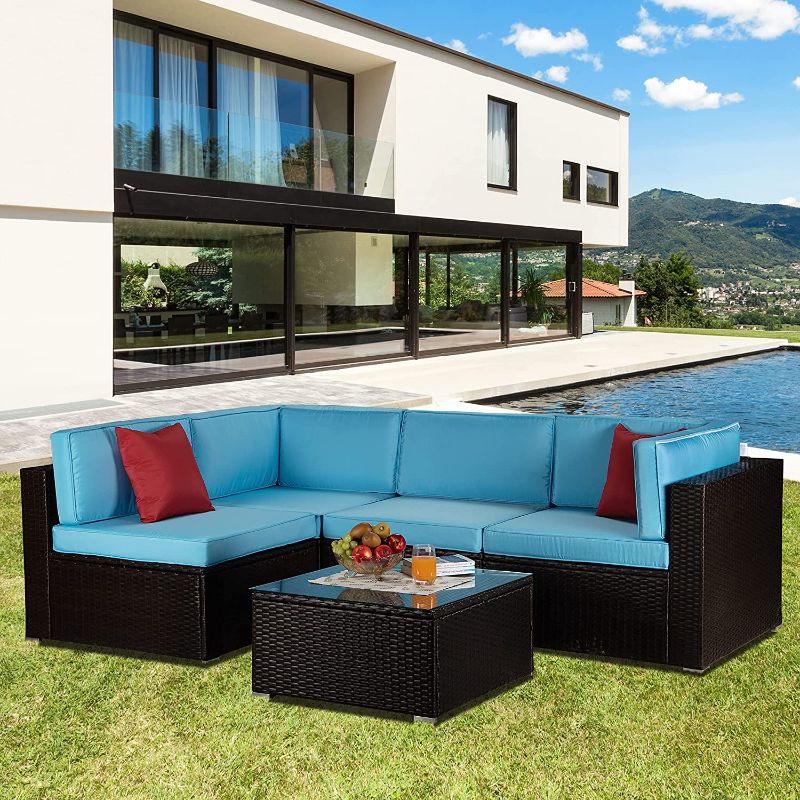 Photo 1 of *incomplete* GLORHOME 5-Piece Outdoor Patio Furniture Set, All-Weather PE Rattan Conversation Sectional Sofa with Glass Table and 2 Pillows for Backyard Porch Poolside, Navy
