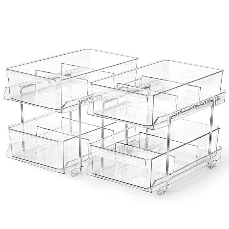 Photo 1 of 2 SET, 2 Tier Clear Organizer with Dividers, Multi-Purpose Slide-Out Storage Container, Bathroom Vanity Counter Organizing Tray, Under Sink Closet Organization, Kitchen Pantry Medicine Cabniet Bins
