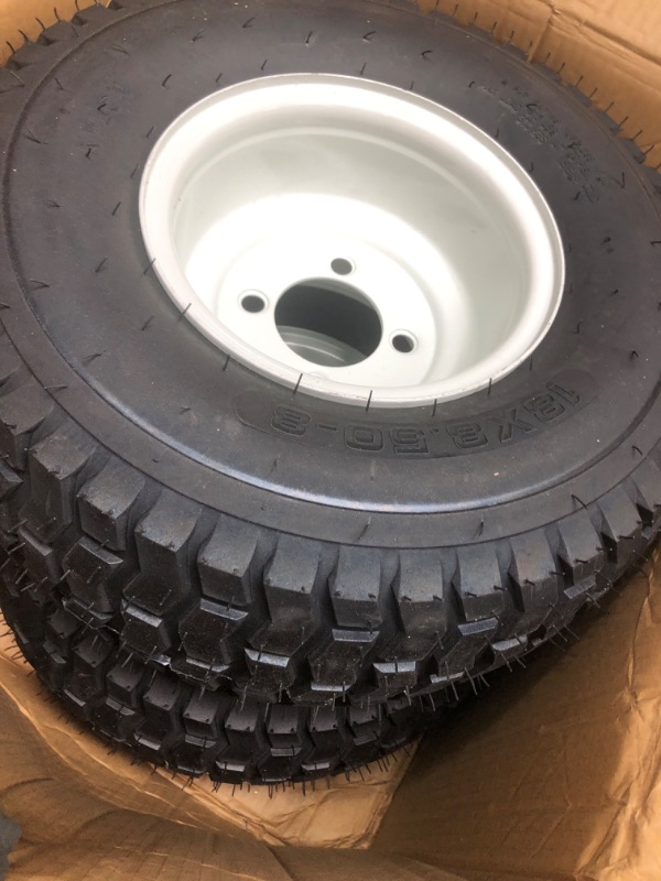 Photo 2 of (2-Pack) 18” Tubeless Tires On Rims - 18x8.5-8 Tire and Wheel Assemblies - 4-Lug 4” Center - 2.83” Center Bore - Load Range B Max Tire Weight of 815 Lbs - Compatible with Alumacraft Boat Trailers 18"x8.5-8" white