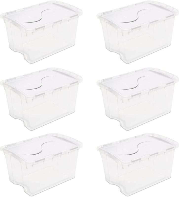 Photo 1 of **DAMAGED**Sterilite 19148006 48 Quart/45 Liter Hinged Lid Storage Box, Clear with White Lid, 6-Pack
