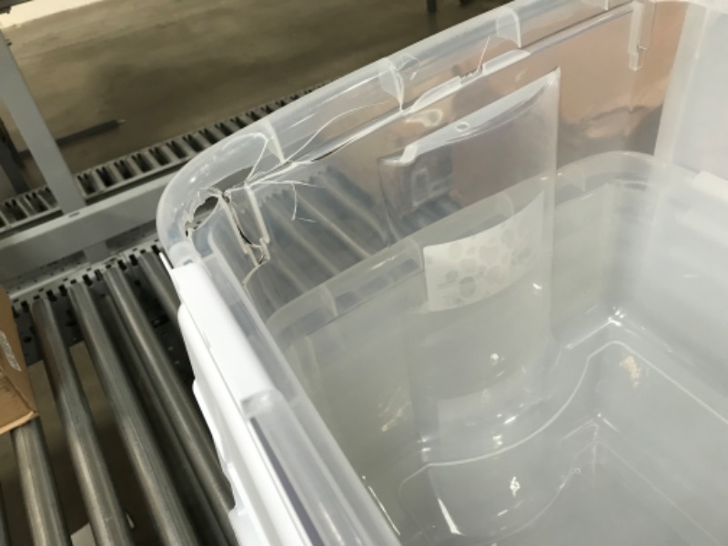 Photo 3 of **DAMAGED**Sterilite 19148006 48 Quart/45 Liter Hinged Lid Storage Box, Clear with White Lid, 6-Pack
