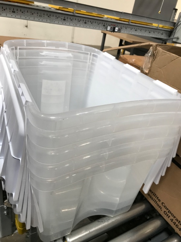 Photo 4 of **DAMAGED**Sterilite 19148006 48 Quart/45 Liter Hinged Lid Storage Box, Clear with White Lid, 6-Pack
