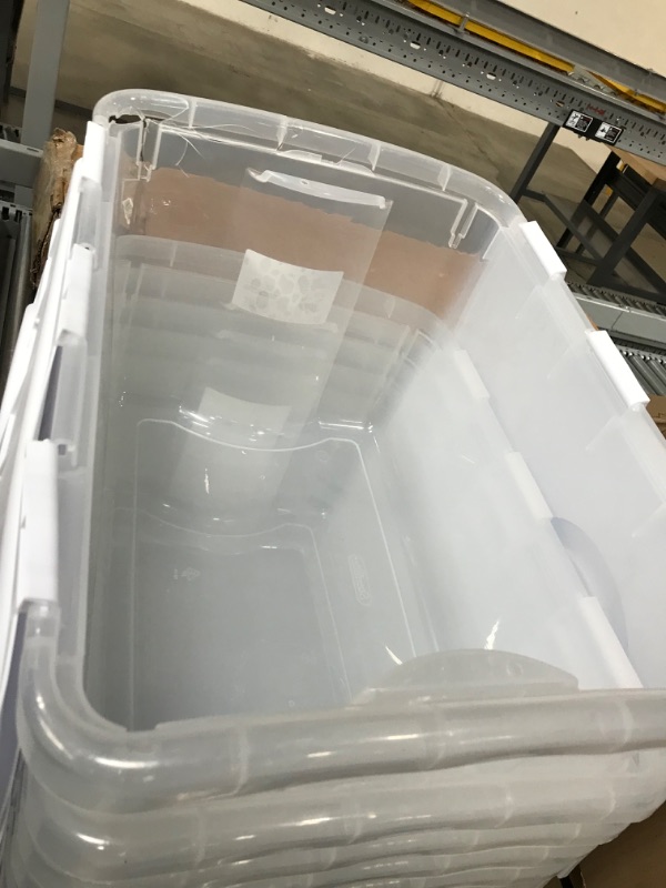 Photo 2 of **DAMAGED**Sterilite 19148006 48 Quart/45 Liter Hinged Lid Storage Box, Clear with White Lid, 6-Pack
