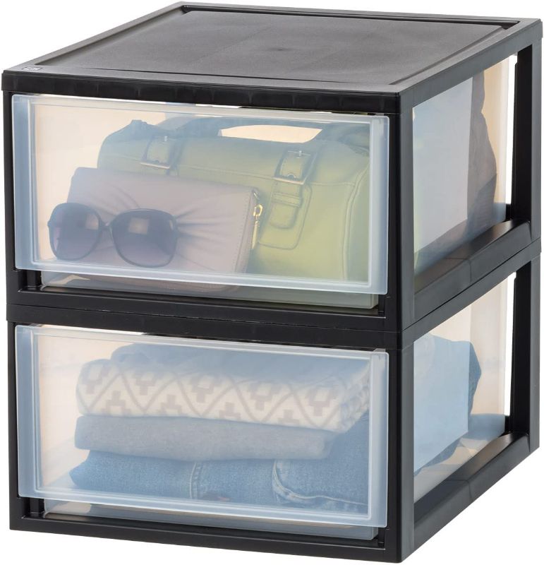 Photo 1 of **DAMAGE TO CORNERS**
IRIS USA 30 Quart Stackable Storage Drawer, Plastic Drawer Organizer with Clear Doors for Pantry, Bedroom, Closet, Kitchen, Under-Sink, Home and Office De-Clutter, Shoes and Crafts - Black, 2 Pack
