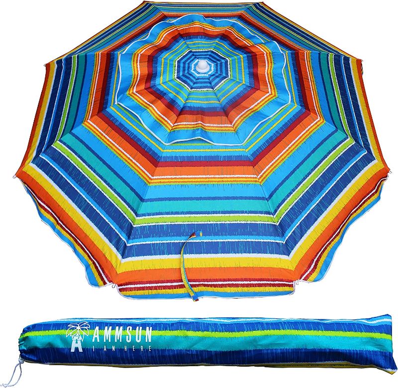 Photo 1 of  6.5 Foot Heavy Duty HIGH Wind Beach Umbrella with tilt Sun Shelter, UV 50+ Protection Outdoor Sunshade Umbrella with Carry Bag for Patio Garden Beach Pool Backyard Stripe Red
