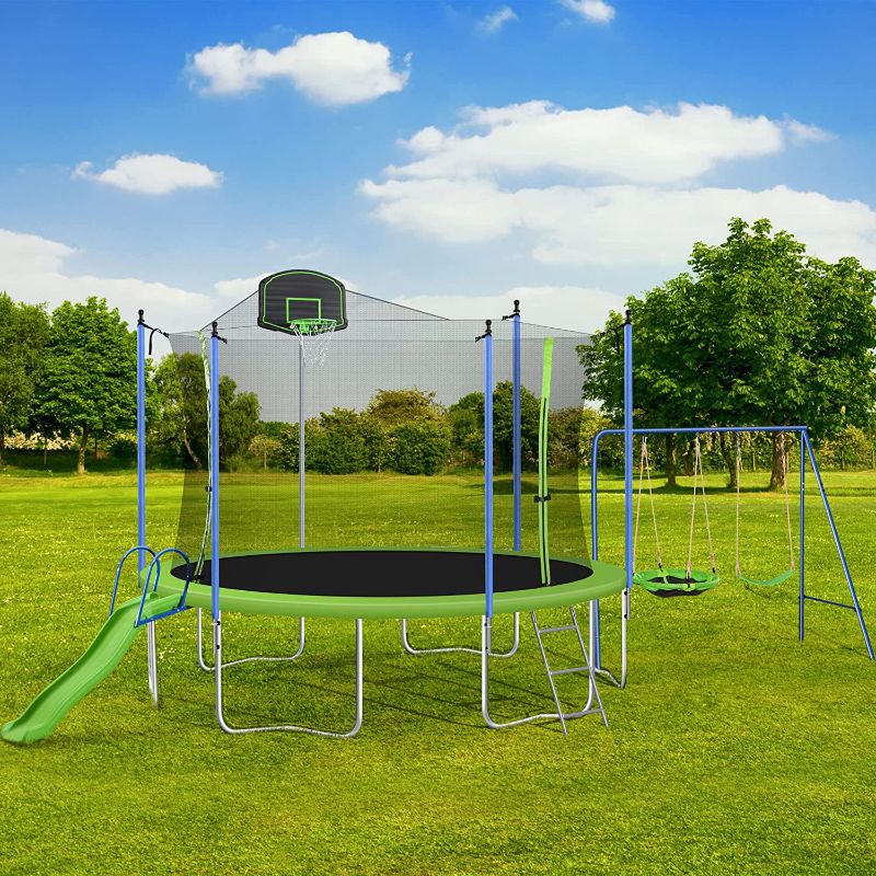 Photo 1 of ***INCOMPLETE***BOX 1 of 3 ONLY***MISSING BOX 2 and 3***
GLANZEND 14FT Trampoline for Kids and Adults with Safety Enclosure Net, Swing and Slide, Suitable for Indoor and Outdoor Large Entertainment Places, Green