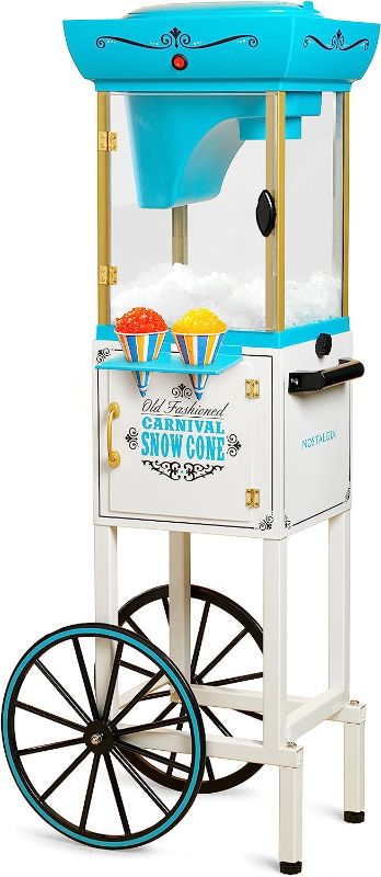 Photo 1 of *MISSING HARDWARE** Nostalgia Snow Cone Shaved Ice Machine - Retro Cart Slushie Machine Makes 48 Icy Treats - Includes Metal Scoop, Storage Compartment, Wheels for Easy Mobility - White, Blue
