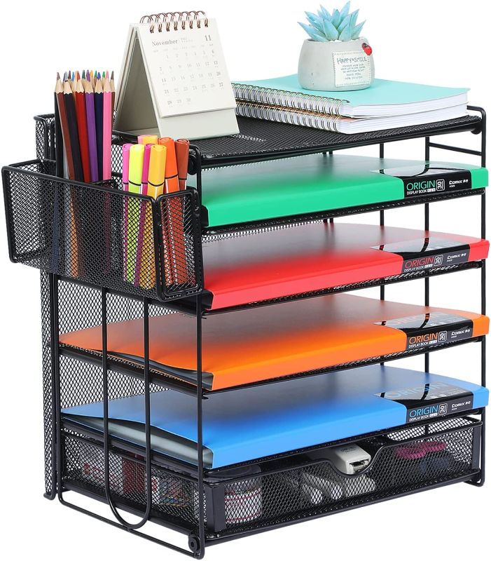 Photo 1 of Samstar Desk File Organizer,5 Tier Letter Tray Paper Organizer File Sorter Rack with Sliding Drawer and Extra Pen Holder,Black
