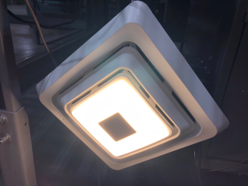 Photo 1 of MISSING PIECES// LIGHT AND LIGHTS ON// FAN POWERS ON//MISSING HARDWAREBroan-NuTone SPK80L ENERGY STAR Certified Bluetooth Speaker Bathroom Ventilation LED Light, 80 CFM, 2.5 Sones Bath Fan, White
