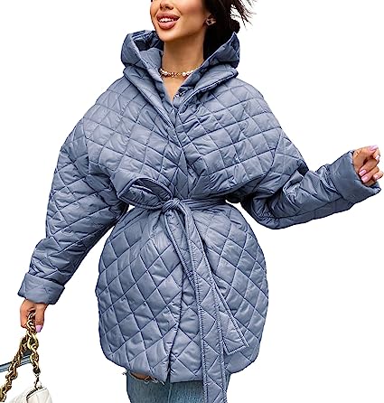 Photo 1 of MED----BTFBM Women Button Down Quilted Jacket Coat 2023 Fall Winter Fashion Belt Pockets Removable Padded Hood Puffer Outerwear
