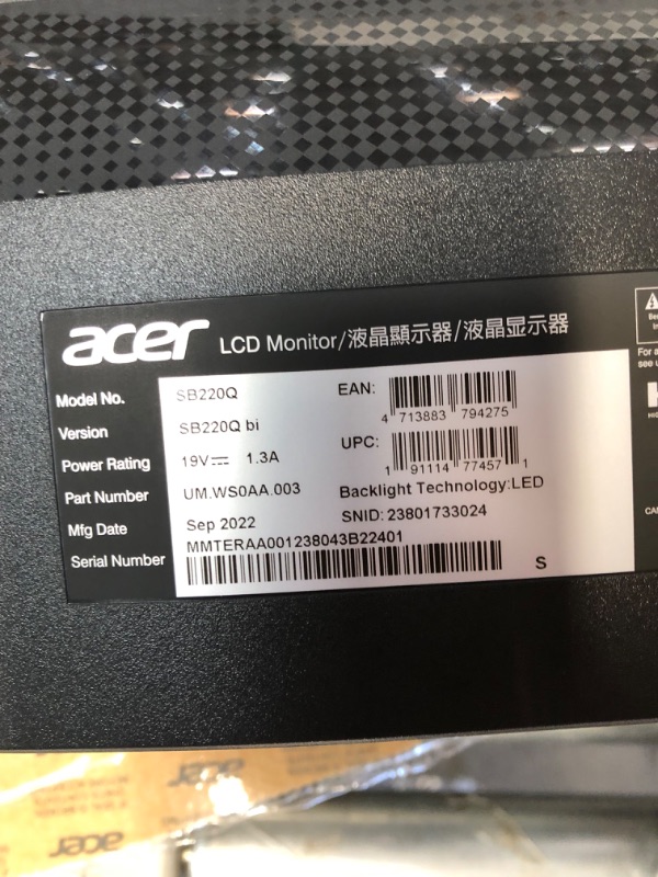 Photo 6 of Acer 21.5 Inch Full HD (1920 x 1080) IPS Ultra-Thin Zero Frame Computer Monitor (HDMI & VGA Port), SB220Q bi
