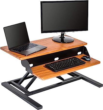 Photo 1 of Stand Up Desk Store AirRise Pro Two Tier Standing Desk Converter Monitor Stand with Built-in Keyboard Tray (Teak, 32" Wide)
