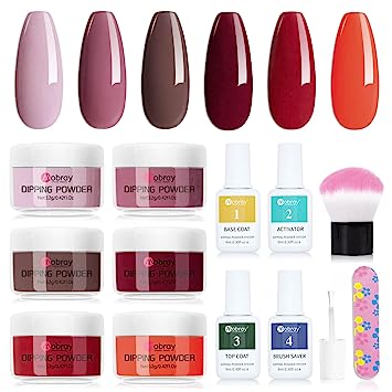 Photo 1 of Mobray 13 Pcs Dip Powder Nail Kit, 6 Colors Pink Purple Brown Red Orange Dipping Powder Nail Kit with Base Top Coat Activator Brush Saver, No LED Lamp Needed Dip Nails Powder Starter Kit
set of 3