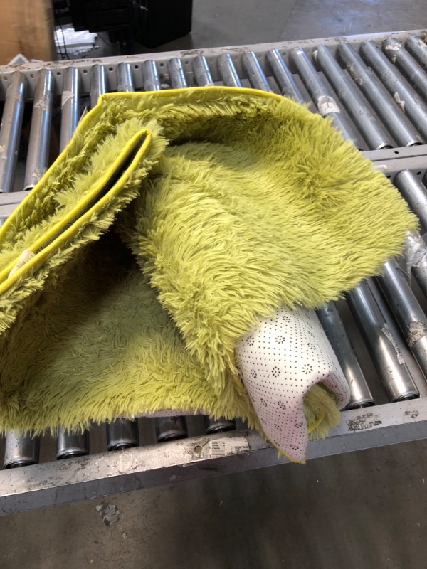 Photo 1 of lime green rug with fur with polka dots on the opposite side  