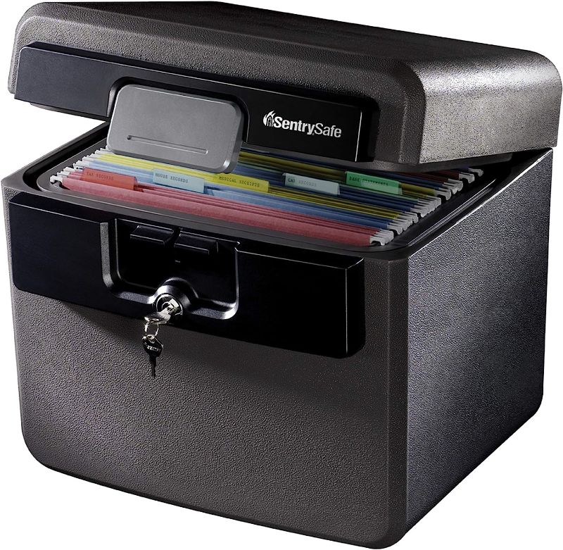 Photo 1 of SentrySafe 1170 Fireproof Box with Key Lock 0.61 Cubic Feet,Black & AmazonBasics Hanging Folders, Letter Size, Jewel-Tone Colors (Assorted), 25-Pack Box + Hanging Folders, Jewel-Tone Colors