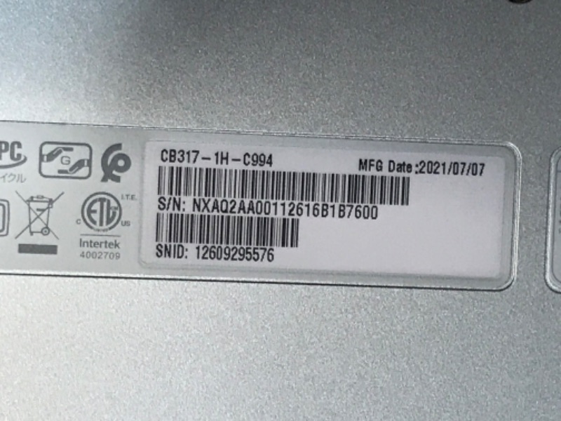 Photo 5 of NOT FUNCTIONAL DID NOT POWER ON MISSING POWER CORD
Acer 317 Chromebook - 17.3" Intel Celeron N4500 1.1GHz 4GB RAM 64GB ChromeOS
