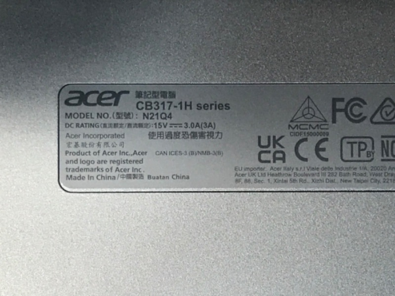 Photo 7 of NOT FUNCTIONAL DID NOT POWER ON MISSING POWER CORD
Acer 317 Chromebook - 17.3" Intel Celeron N4500 1.1GHz 4GB RAM 64GB ChromeOS
