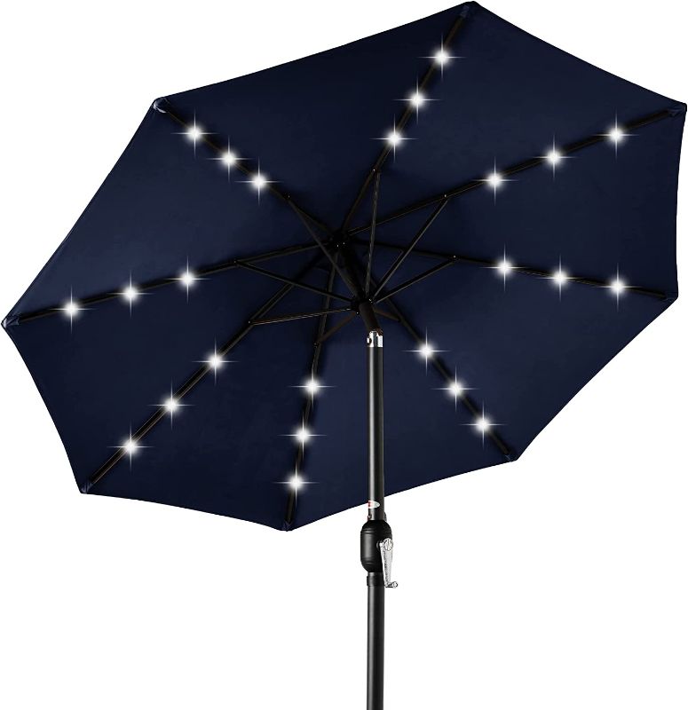 Photo 1 of  Products 10ft Solar Powered Aluminum Polyester LED Lighted Patio Umbrella w/Tilt Adjustment and UV-Resistant Fabric, Navy Blue
