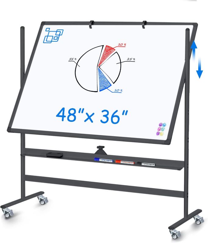 Photo 1 of Rolling Whiteboard 48 x 36 - maxtek Height Adjustable Magnetic White Board, Double Sided Mobile Dry Erase Board, 4' x 3' Easel White Board on Wheels, Large Portable Flipping Whiteboard with Stand
