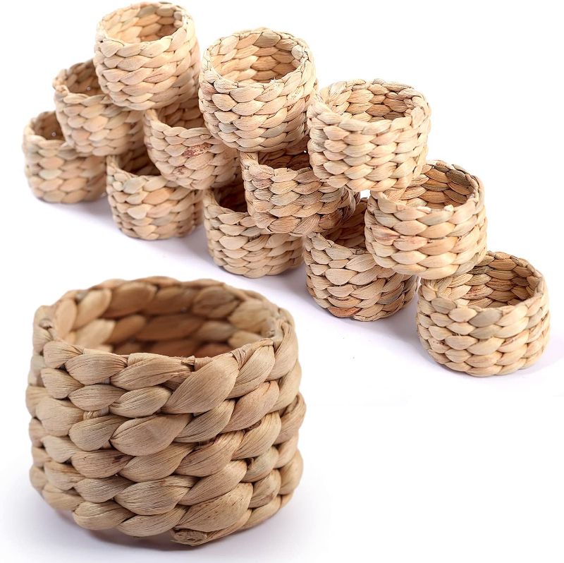 Photo 1 of 12pcs Round Woven Napkin Ring, Water Hyacinth Napkins Rings, Rustic Napkin Rings, Handmade Braided Grass and Bead Napkin Ring, Farmhouse Napkin Rings, Spring Napkin Rings, Napkin Holder Set of 12 Hyacinth Bead Napkin Rings-set 12