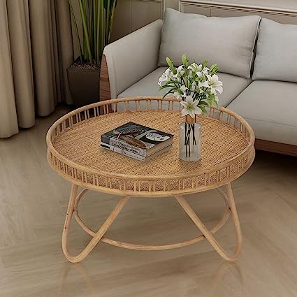 Photo 1 of *MINOR DAMAGE* FINECASA Round Rattan Coffee Table, 32x18 '' Wicker Coffee Table, Boho Hand-Woven Rattan Top, Unique Farmhouse Round Tray Top Table, Center Table for Living Room, Round Coffee Table, Natural Wood
