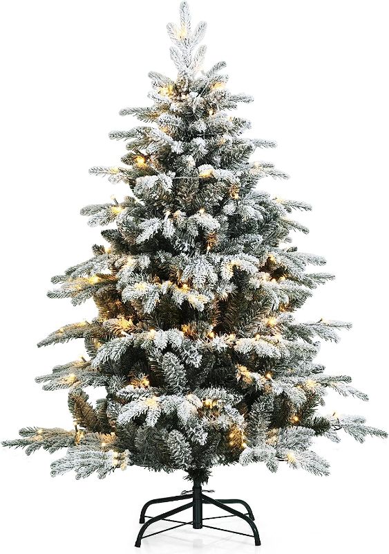Photo 1 of  4.5ft Pre-lit Snow Flocked Christmas Tree, Premium Hinged Artificial Pine Tree w/ 120 LED Lights & 757 PE & PVC Branch Tips, Snowy Xmas Tree for Indoor Holiday Festival Decoration