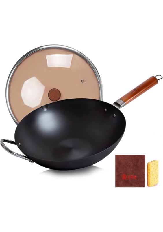 Photo 1 of WANGYUANJI Carbon Steel Wok,14.2" Wok Pan with Lid, Woks & Stir-Fry Pans No Chemical Coated Wok for Induction, Electric, Gas, Halogen All Stoves-Practical Gift Flat Bottom Iron Wok