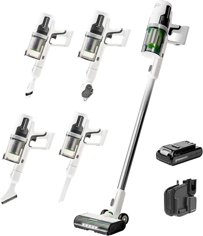 Photo 1 of Greenworks 24V Brushless Cordless Stick Vacuum, Lightweight, Handheld, Pet, Anti-Allergen HEPA Filtration, Hard Floor, Carpet, Car, 4Ah Battery, and 30-Minute Charge Time (White)
