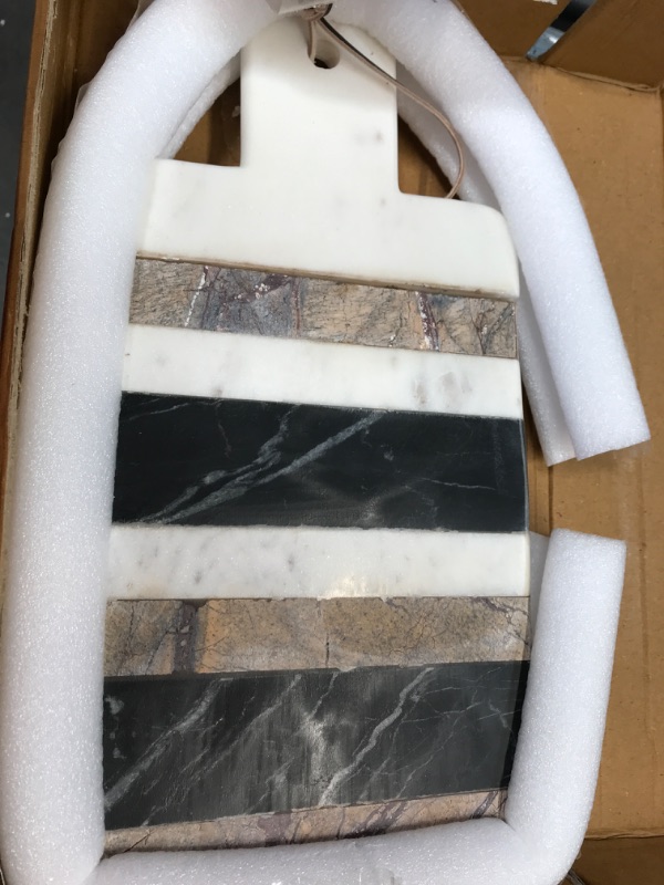 Photo 2 of 15"L Rectangle Marble Cheese/Cutting Board with Stripes, Handle & Leather Strap
