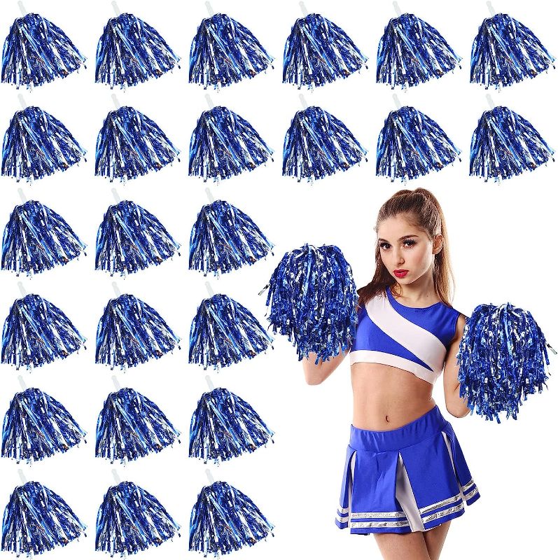 Photo 1 of 160 Pieces Cheerleading Pom Poms Bulk 9.5 Inch Plastic Cheerleader Pompoms Metallic Foil Cheering Hand Flowers with Baton Handle for Sports Game Dance Fancy Dress Night Party Blue and Silver
