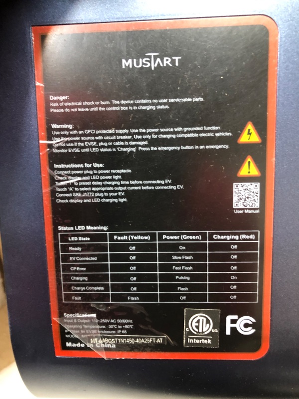 Photo 3 of ***UNABLE TO TEST PER OUTLET***
MUSTART 40 Amp Level 2 EV Charger, 240V Indoor/Outdoor Electric Car Charger, NEMA 14-50 EV Charger Plug, ETL Certificated EVSE Level 2 Charger - 25ft Cable
