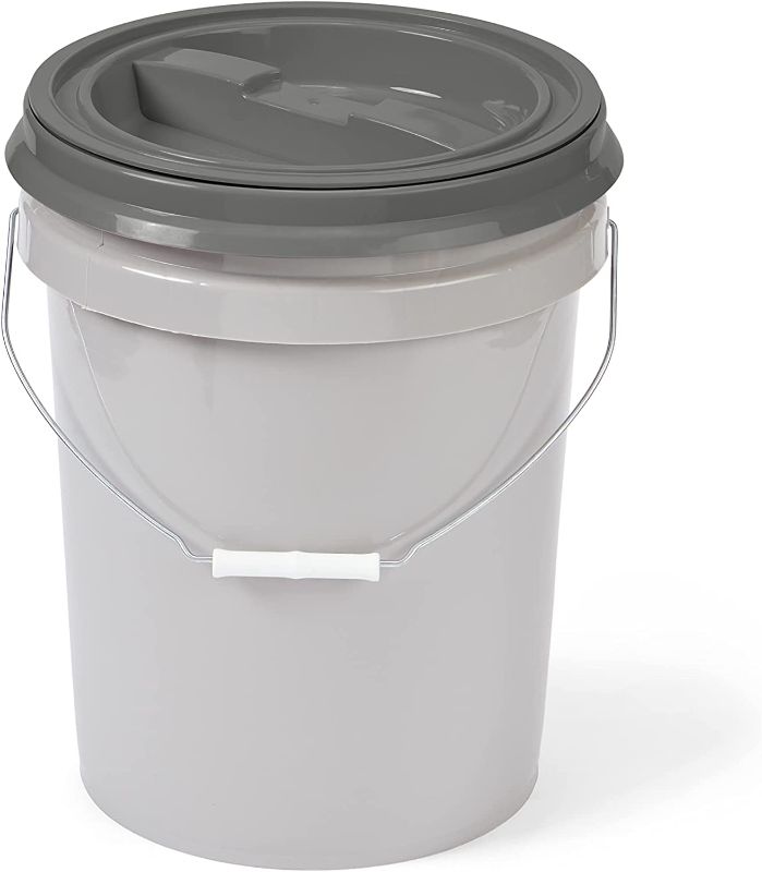 Photo 1 of **SEE NOTES***

Mighty Tuff 5 Gallon / 21 Pound Pet Food Storage Container, Pack of 2 with Metal Handle and Airtight Lid to Lock in Freshness, Light Grey Base & Dark Grey Lid
