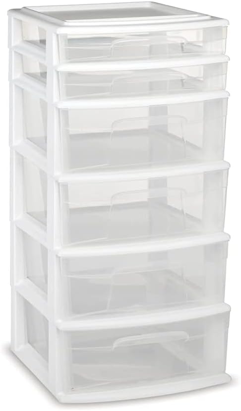 Photo 1 of *** MISSING DRAWERS FRAME ONLY *** Homz 6 Drawer Plastic Storage and Organizer Tower, Cabinet for Home, Office, Classroom, Craft, Art Supplies, Clothes, White Frame/Clear Drawers
