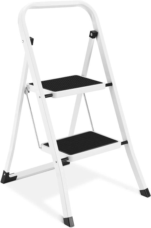 Photo 1 of *** USED *** 2 Step Ladder, Lightweight Folding Step Stools for Adults with Anti-Slip Pedal, Portable Sturdy Steel Ladder with Handrails, Perfect for Kitchen & Household, 330 lbs Capacity, White
