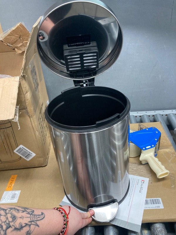 Photo 3 of * DENTED* iTouchless IP03RSS-1 Step Trash Can with AbsorbX Odor Filter and Removable Inner Bucket, Stainless Steel, SoftStep Round 3.2 Gal