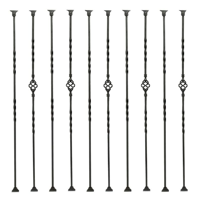 Photo 1 of 1/2 inch Wrought Iron Balusters 1/2" x 44" Hollow Single Basket Black Iron Spindles Double Twist Square Metal Balusters Stair Satin Black Railing with Adjustable Iron Baluster Swivel Shoes Set of 10
