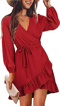 Photo 1 of Amoretu Womens Short/Long Sleeve Dress Wrap V Neck Ruffle Hem Mini Summer Fall Dresses Small Long Sleeve:burgundy