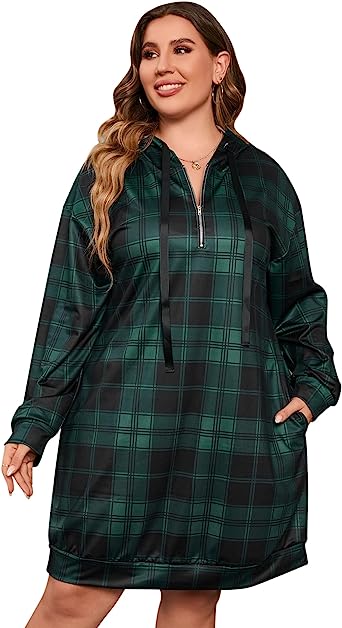 Photo 1 of KOJOOIN Women's Plus Size Long Sleeve Dress V Neck Plaid Hoodie Dress Midi Pullover Sweatshirt Top with Pockets XX-Large Plaid-green