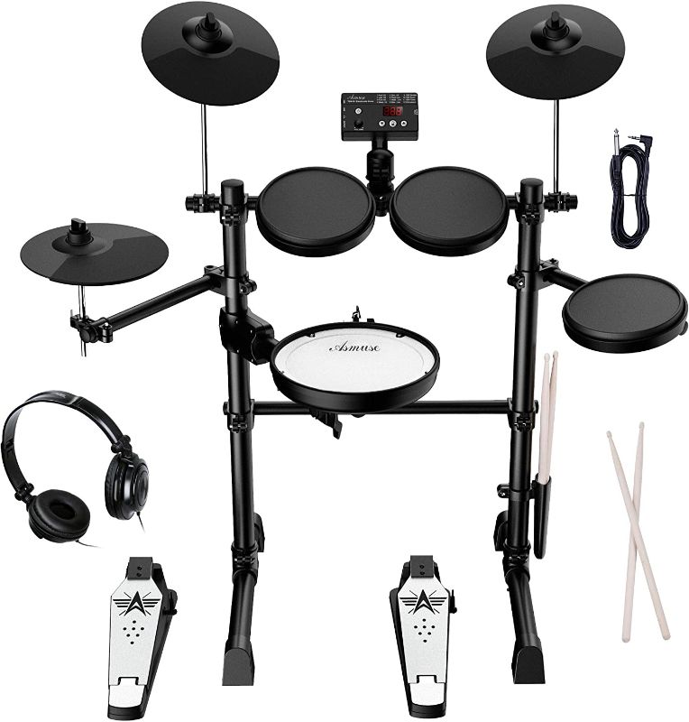 Photo 1 of **BRAND NEW, CONTENTS IN ORIGINAL PACKAGING**
Asmuse Electronic Drum Set Kit for Adults Beginners with 8 inch Mesh Snare Electric Drum Set with Rim Shot and Cymbal Choke Function,USB MIDI Supported,2 Pairs of Drum Sticks &Headphone Set Included
