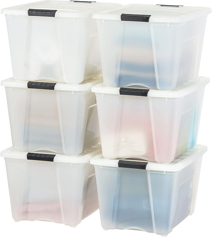 Photo 1 of **DAMAGED** IRIS USA 53 Qt. Plastic Storage Container Bin with Secure Lid and Latching Buckles, 6 pack - Pearl, Durable Stackable Nestable Organizing Tote Tub Box Toy General Organization Garage Large
