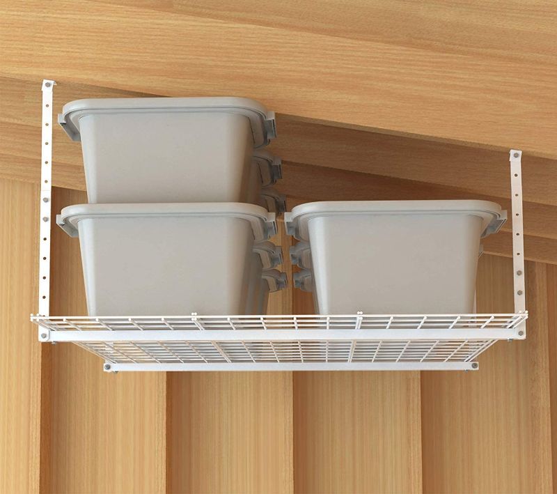 Photo 1 of **MISSING HARDWARE** Hyloft 00540 45-Inch x 45-Inch Overhead Steel Garage Storage System, Adjustable Ceiling Mount Storage Rack, 250 Pound Weight Capacity, White
