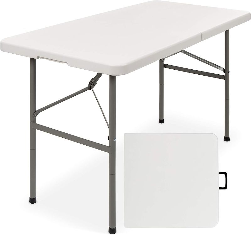 Photo 1 of **MINOR DAMAGE** Best Choice Products 4ft Plastic Folding Table, Indoor Outdoor Heavy Duty Portable w/Handle, Lock for Picnic, Party, Camping - White
