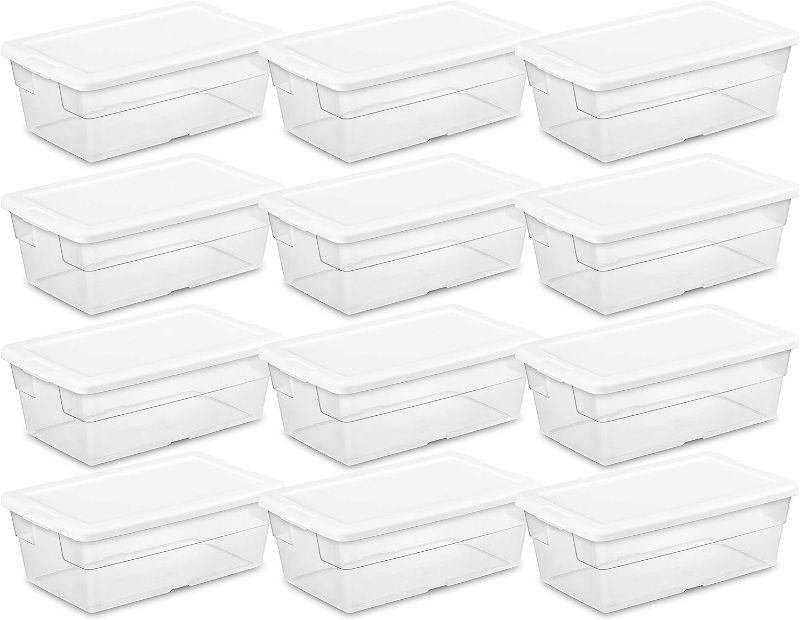 Photo 1 of *MISSING ONE* Sterilite 6 Qt Clear Plastic Stackable Storage Bin w/White Latching Lid Organizing Solution, 12 Pack
